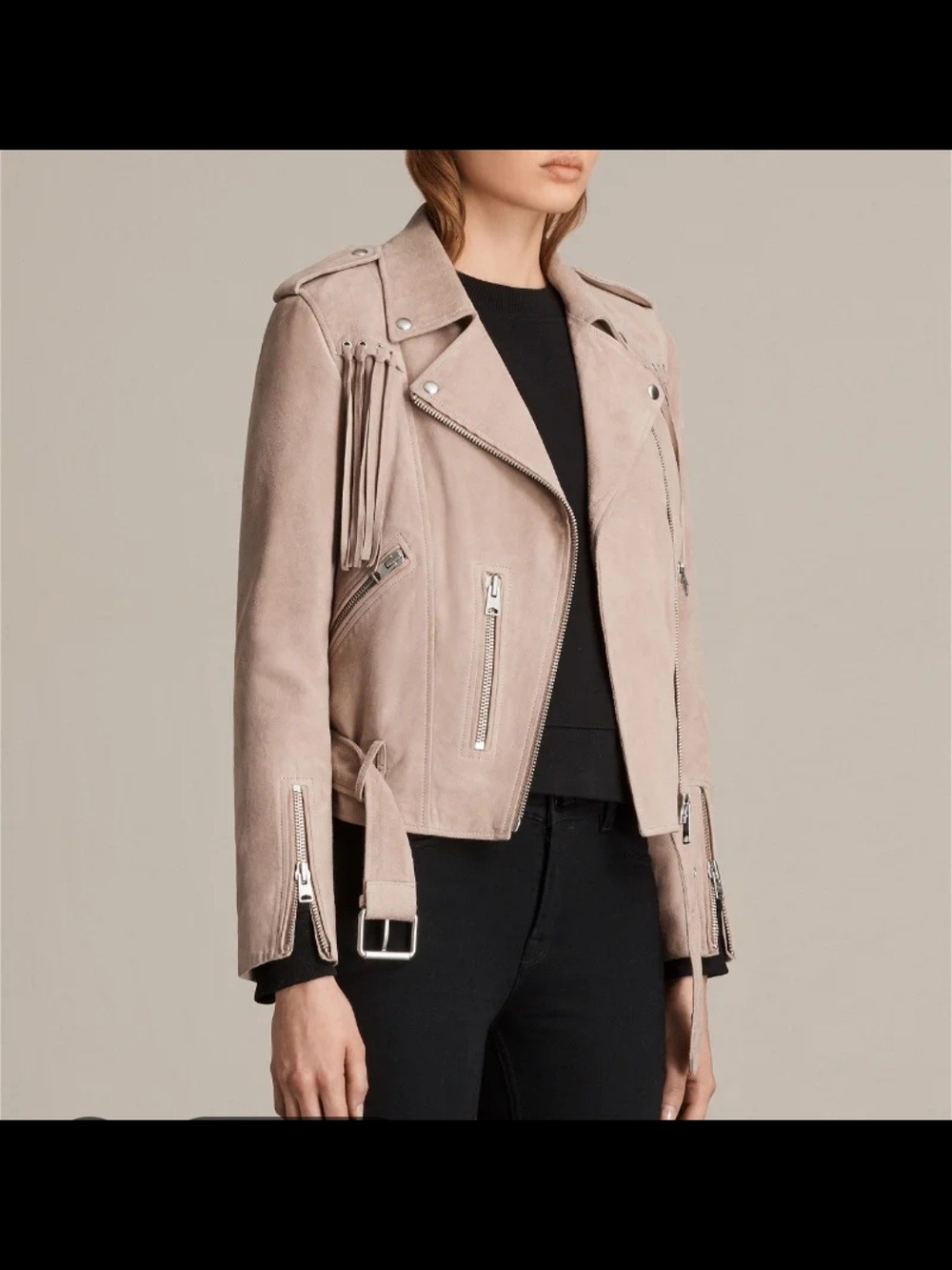 All Saints Tassel Balfern Suede Fringe Biker Jacket in Light Beige